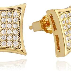 Gold Silver 11mm Square CZ Stud Earrings for Men and Women, Brass with 18k Gold